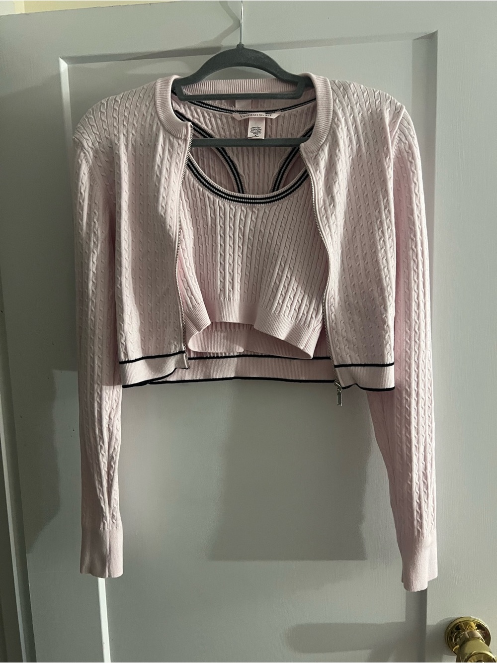 Victoria's Secret Light Pink Knit Zip Cardigan & Tank Set with Black Trim